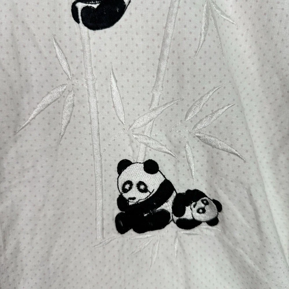 Vintage Panda Bamboo Embroidered Button Down Shirt White Mini Polka Dots Mens‎ M